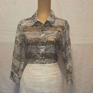 Choices Petite Sheer Gray White Black Button Down Shirt 3/4 Sleeves